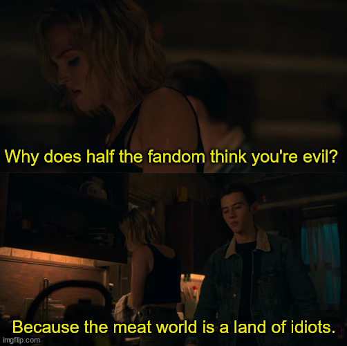 Meat World |  Why does half the fandom think you're evil? | image tagged in meat world,gabe,evil,fandom,locke and key,what are memes | made w/ Imgflip meme maker