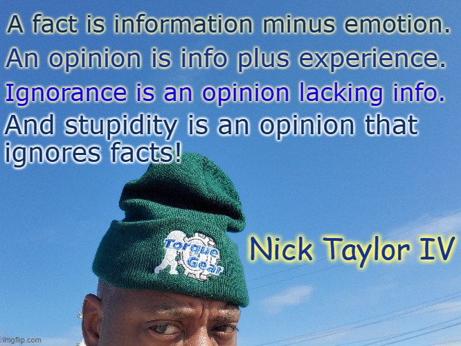 facts information emotion and opinion |  A fact is information minus emotion. An opinion is info plus experience. Ignorance is an opinion lacking info. And stupidity is an opinion that 
ignores facts! Nick Taylor IV | image tagged in fact,emotion,information,ignorance | made w/ Imgflip meme maker