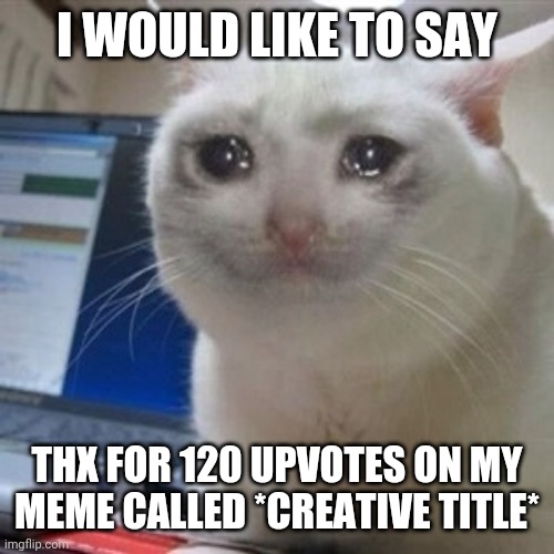 Thx |  I WOULD LIKE TO SAY; THX FOR 120 UPVOTES ON MY MEME CALLED *CREATIVE TITLE* | image tagged in crying cat,thx,super happy | made w/ Imgflip meme maker