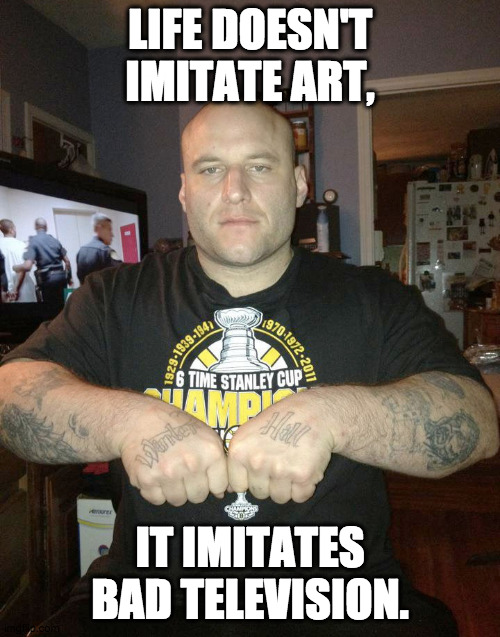 Well, it's Cops in the background... |  LIFE DOESN'T IMITATE ART, IT IMITATES BAD TELEVISION. | image tagged in thug life,life lessons,life problems | made w/ Imgflip meme maker