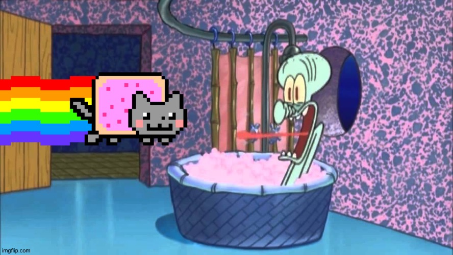 Nyan cat goes to Squidward's house | image tagged in who dropped by squidward's house | made w/ Imgflip meme maker