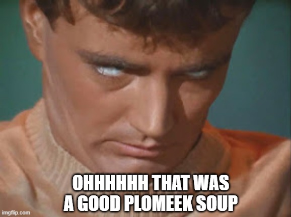Charlie Had a Good Lunch | OHHHHHH THAT WAS A GOOD PLOMEEK SOUP | image tagged in star trek os charlie x eye roll | made w/ Imgflip meme maker