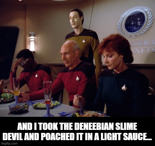 I Dunno If I Wanna Eat It Now | AND I TOOK THE DENEEBIAN SLIME DEVIL AND POACHED IT IN A LIGHT SAUCE... | image tagged in data geordi picard beverly at dinner | made w/ Imgflip meme maker