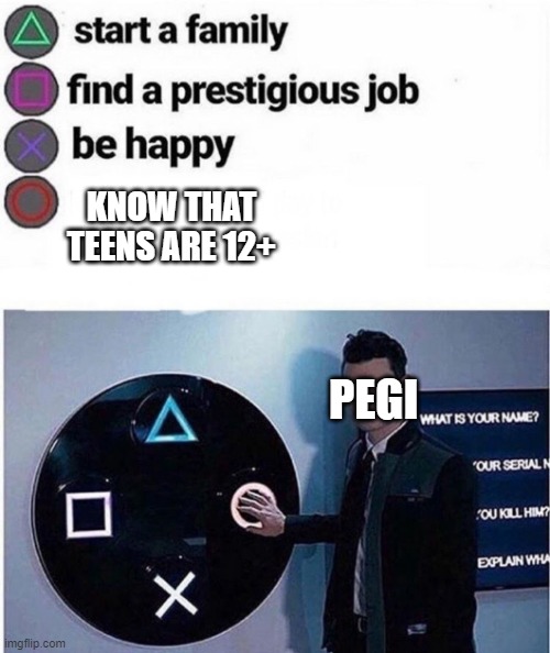 when pegi S U S | KNOW THAT TEENS ARE 12+; PEGI | image tagged in playstation multiple choice meme,pegi,is,an,idiot | made w/ Imgflip meme maker