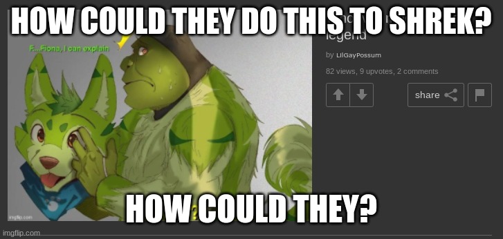 TIME TO RAID | HOW COULD THEY DO THIS TO SHREK? HOW COULD THEY? | image tagged in shrek,furries,raid | made w/ Imgflip meme maker