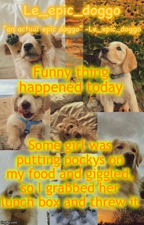 Doggo temp by doggo. Wait what that’s confusing | Funny thing happened today; Some girl was putting pockys on my food and giggled, so I grabbed her lunch box and threw it | image tagged in doggo temp by doggo wait what that s confusing | made w/ Imgflip meme maker