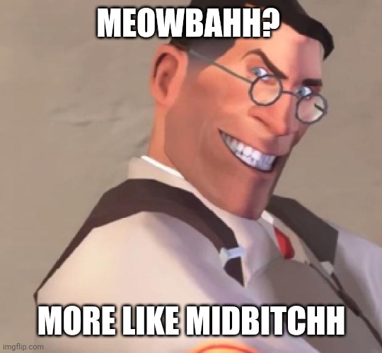 TF2 Medic | MEOWBAHH? MORE LIKE MIDBITCHH | image tagged in tf2 medic | made w/ Imgflip meme maker