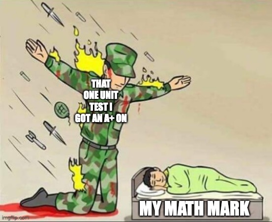 Bros been taking all the heavy fire | THAT ONE UNIT TEST I GOT AN A+ ON; MY MATH MARK | image tagged in soldier protecting sleeping child,funny,memes,fun,middle school,math | made w/ Imgflip meme maker