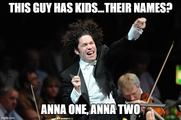 What's in a Name? | THIS GUY HAS KIDS...THEIR NAMES? ANNA ONE, ANNA TWO | image tagged in orchestra conductor | made w/ Imgflip meme maker