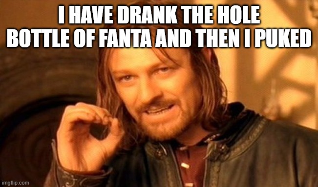 One Does Not Simply Meme | I HAVE DRANK THE HOLE BOTTLE OF FANTA AND THEN I PUKED | image tagged in memes,one does not simply | made w/ Imgflip meme maker