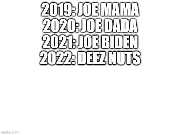 Evolution of comebacks | 2019: JOE MAMA
2020: JOE DADA
2021: JOE BIDEN
2022: DEEZ NUTS | image tagged in blank white template | made w/ Imgflip meme maker