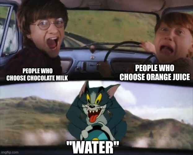 Tom chasing Harry and Ron Weasly | PEOPLE WHO CHOOSE CHOCOLATE MILK PEOPLE WHO CHOOSE ORANGE JUICE ''WATER'' | image tagged in tom chasing harry and ron weasly | made w/ Imgflip meme maker