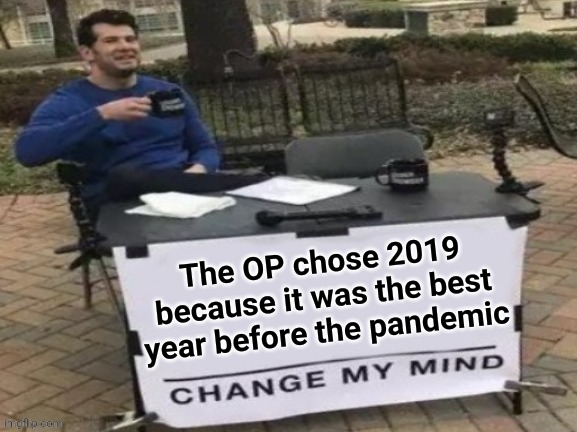 The OP chose 2019 because it was the best year before the pandemic | made w/ Imgflip meme maker