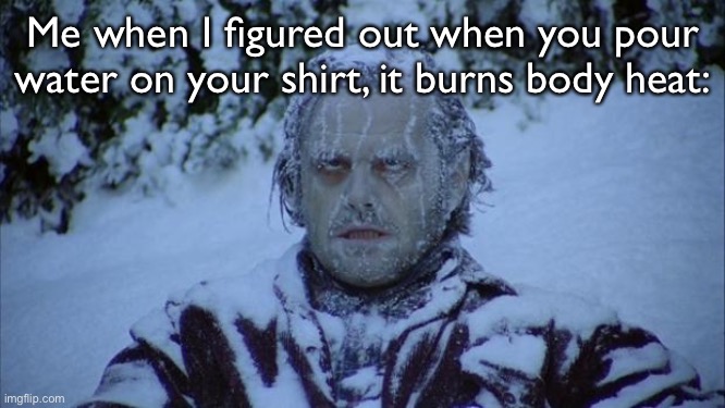 Body heat….. why does it have to be so cold….. | Me when I figured out when you pour water on your shirt, it burns body heat: | image tagged in cold,body heat | made w/ Imgflip meme maker