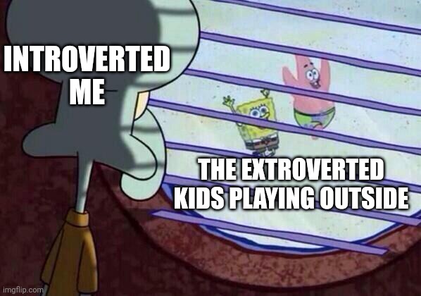 The Meme Of My Life | INTROVERTED ME; THE EXTROVERTED KIDS PLAYING OUTSIDE | image tagged in squidward window | made w/ Imgflip meme maker