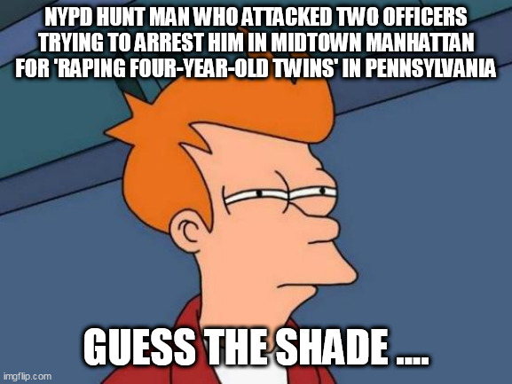 Futurama Fry | NYPD HUNT MAN WHO ATTACKED TWO OFFICERS TRYING TO ARREST HIM IN MIDTOWN MANHATTAN FOR 'RAPING FOUR-YEAR-OLD TWINS' IN PENNSYLVANIA; GUESS THE SHADE .... | image tagged in memes,futurama fry | made w/ Imgflip meme maker