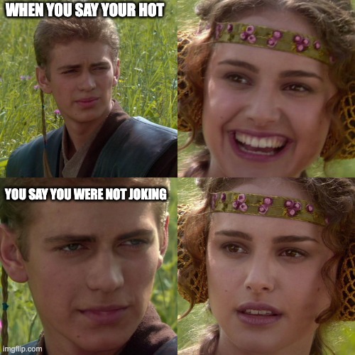 Anakin Padme 4 Panel | WHEN YOU SAY YOUR HOT; YOU SAY YOU WERE NOT JOKING | image tagged in anakin padme 4 panel | made w/ Imgflip meme maker