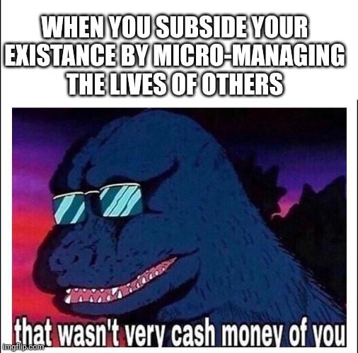 That wasn’t very cash money |  WHEN YOU SUBSIDE YOUR EXISTANCE BY MICRO-MANAGING THE LIVES OF OTHERS | image tagged in that wasn t very cash money | made w/ Imgflip meme maker