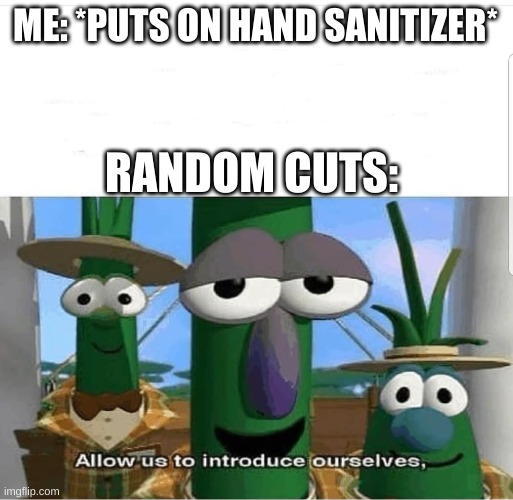Meme 101 |  ME: *PUTS ON HAND SANITIZER*; RANDOM CUTS: | image tagged in allow us to introduce ourselves,hand sanitizer,memes,funny memes,cut | made w/ Imgflip meme maker