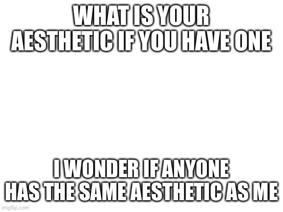 Or you can try to guess mine | WHAT IS YOUR AESTHETIC IF YOU HAVE ONE; I WONDER IF ANYONE HAS THE SAME AESTHETIC AS ME | image tagged in blank white template | made w/ Imgflip meme maker