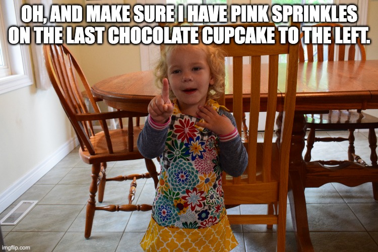 The Directions Toddler | OH, AND MAKE SURE I HAVE PINK SPRINKLES ON THE LAST CHOCOLATE CUPCAKE TO THE LEFT. | image tagged in little girl | made w/ Imgflip meme maker