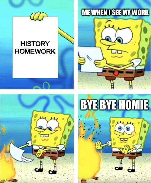 Spongebob Burning Paper | ME WHEN I SEE MY WORK; HISTORY HOMEWORK; BYE BYE HOMIE | image tagged in spongebob burning paper | made w/ Imgflip meme maker