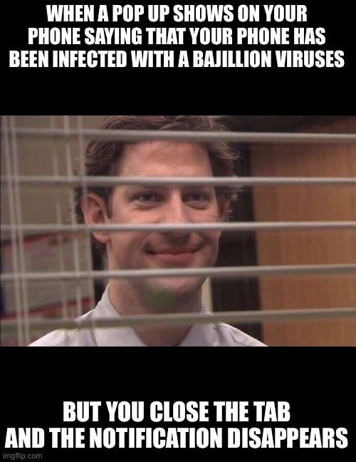 Some websites are very sketch. | WHEN A POP UP SHOWS ON YOUR PHONE SAYING THAT YOUR PHONE HAS BEEN INFECTED WITH A BAJILLION VIRUSES; BUT YOU CLOSE THE TAB AND THE NOTIFICATION DISAPPEARS | image tagged in jim halpert smirking | made w/ Imgflip meme maker