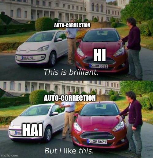 auto-correction in a nutshell: | AUTO-CORRECTION; HI; AUTO-CORRECTION; HAI | image tagged in this is brilliant but i like this | made w/ Imgflip meme maker