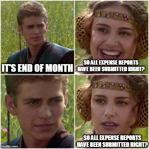 End of Month | IT'S END OF MONTH; SO ALL EXPENSE REPORTS HAVE BEEN SUBMITTED RIGHT? SO ALL EXPENSE REPORTS HAVE BEEN SUBMITTED RIGHT? | image tagged in anakin and padme,expense reports | made w/ Imgflip meme maker