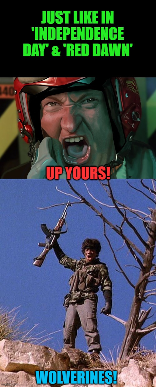 JUST LIKE IN 'INDEPENDENCE DAY' & 'RED DAWN' WOLVERINES! UP YOURS! | image tagged in up yours,red dawn | made w/ Imgflip meme maker