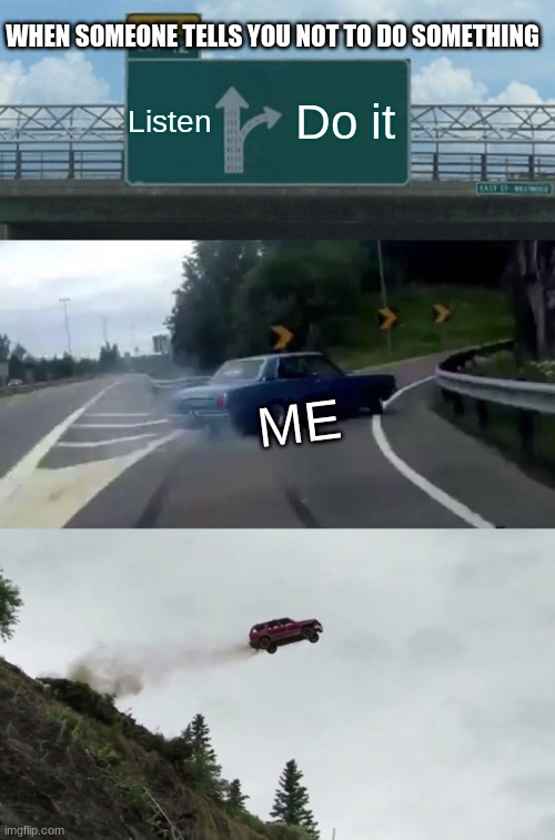 "Whatever you do, don't take that road." | WHEN SOMEONE TELLS YOU NOT TO DO SOMETHING; Listen; Do it; ME | image tagged in memes,left exit 12 off ramp,car driving off cliff | made w/ Imgflip meme maker