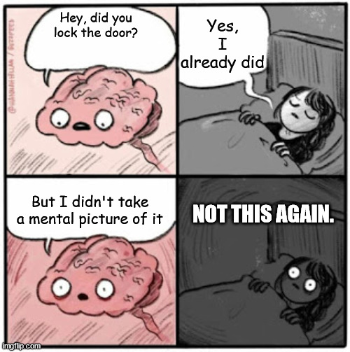 Not this again. | Yes, I already did; Hey, did you lock the door? But I didn't take a mental picture of it; NOT THIS AGAIN. | image tagged in brain before sleep | made w/ Imgflip meme maker