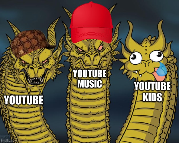 Youtube | YOUTUBE MUSIC; YOUTUBE KIDS; YOUTUBE | image tagged in three-headed dragon,youtube,youtube kids | made w/ Imgflip meme maker