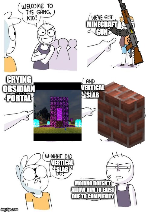 minecraft illegal items squad | MINECRAFT GUN; CRYING OBSIDIAN PORTAL; VERTICAL SLAB; VERTICAL SLAB; MOJANG DOESN'T ALLOW HIM TO EXIST DUE TO COMPLEXITY | image tagged in crimes johnson | made w/ Imgflip meme maker