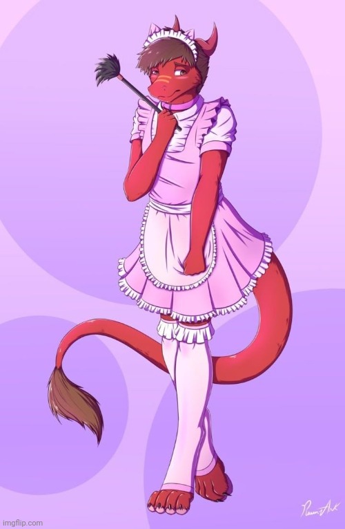 Anything you want me to clean? (By Raven-Ark) | image tagged in femboy,furry,maid,dragon | made w/ Imgflip meme maker
