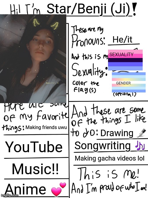 Eeeeee | Star/Benji (Ji); He/it; SEXUALITY; GENDER; Making friends uwu; Drawing ✒; YouTube; Songwriting 🎶; Making gacha videos lol; Music!! Anime 💕 | image tagged in lgbtq stream account profile | made w/ Imgflip meme maker