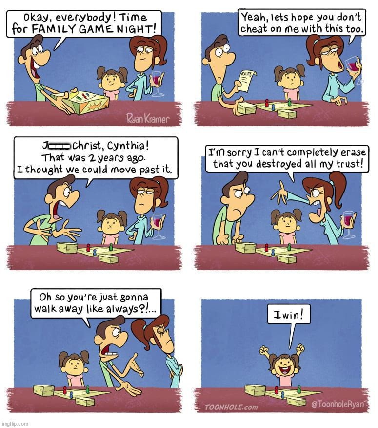 How to win a game with mom and dad | --- | image tagged in comics/cartoons | made w/ Imgflip meme maker