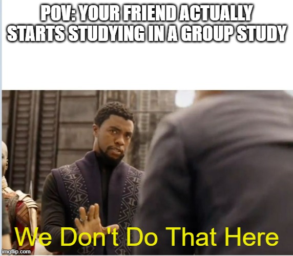 Don't Study in Group Studies | POV: YOUR FRIEND ACTUALLY STARTS STUDYING IN A GROUP STUDY; We Don't Do That Here | image tagged in we don't do that here | made w/ Imgflip meme maker