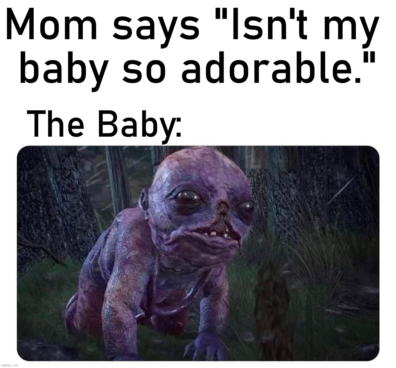 Mom says "Isn't my 
baby so adorable."; The Baby: | image tagged in cursed image | made w/ Imgflip meme maker