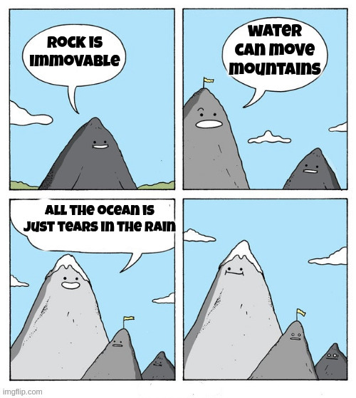 wtf | water can move mountains; rock is immovable; all the ocean is just tears in the rain | image tagged in mountain | made w/ Imgflip meme maker