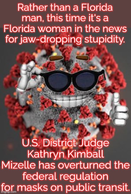 The American Bar Association said she was "not qualified" to be a judge. | Rather than a Florida man, this time it's a Florida woman in the news for jaw-dropping stupidity. U.S. District Judge Kathryn Kimball Mizelle has overturned the federal regulation for masks on public transit. | image tagged in coronavirus,pandemic,so you have chosen death,covidiots | made w/ Imgflip meme maker