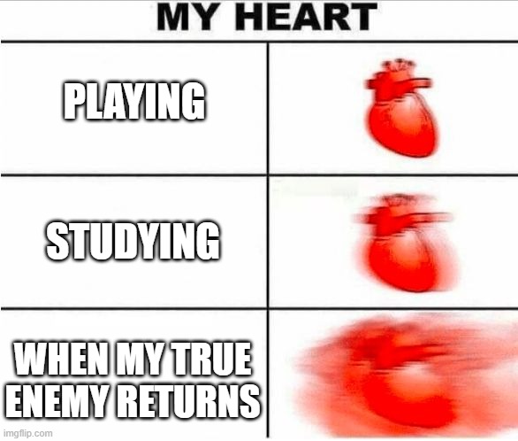 my heart | PLAYING; STUDYING; WHEN MY TRUE ENEMY RETURNS | image tagged in heartbeat | made w/ Imgflip meme maker