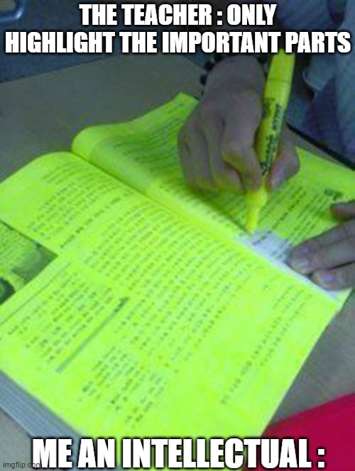 brain big. | THE TEACHER : ONLY HIGHLIGHT THE IMPORTANT PARTS; ME AN INTELLECTUAL : | image tagged in highlighted text meme | made w/ Imgflip meme maker