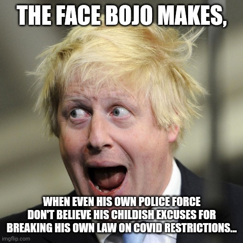 Boris Johnson | THE FACE BOJO MAKES, WHEN EVEN HIS OWN POLICE FORCE DON'T BELIEVE HIS CHILDISH EXCUSES FOR BREAKING HIS OWN LAW ON COVID RESTRICTIONS... | image tagged in boris johnson | made w/ Imgflip meme maker