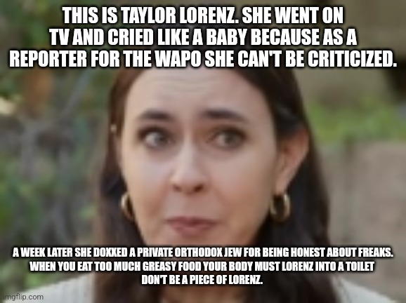 Taylor Lorenz...such a silly bumb ditch. | THIS IS TAYLOR LORENZ. SHE WENT ON TV AND CRIED LIKE A BABY BECAUSE AS A REPORTER FOR THE WAPO SHE CAN'T BE CRITICIZED. A WEEK LATER SHE DOXXED A PRIVATE ORTHODOX JEW FOR BEING HONEST ABOUT FREAKS.
WHEN YOU EAT TOO MUCH GREASY FOOD YOUR BODY MUST LORENZ INTO A TOILET 
DON'T BE A PIECE OF LORENZ. | image tagged in triggered liberal,liberal hypocrisy,privilege,dnc,immature,triggered feminist | made w/ Imgflip meme maker