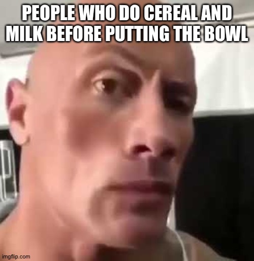 The Rock Eyebrows | PEOPLE WHO DO CEREAL AND MILK BEFORE PUTTING THE BOWL | image tagged in the rock eyebrows | made w/ Imgflip meme maker
