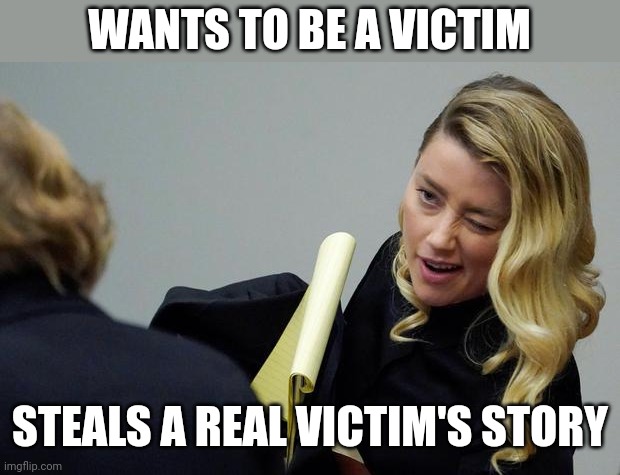 WANTS TO BE A VICTIM; STEALS A REAL VICTIM'S STORY | image tagged in amber heard | made w/ Imgflip meme maker