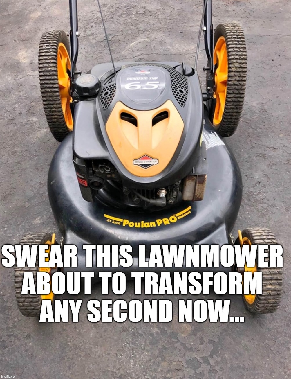 Careful What You Buy This Spring | SWEAR THIS LAWNMOWER ABOUT TO TRANSFORM ANY SECOND NOW... | image tagged in meme,memes,humor | made w/ Imgflip meme maker