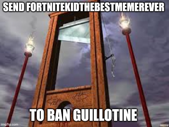 guillotine | SEND FORTNITEKIDTHEBESTMEMEREVER; TO BAN GUILLOTINE | image tagged in guillotine | made w/ Imgflip meme maker
