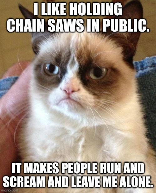 Chain saws |  I LIKE HOLDING CHAIN SAWS IN PUBLIC. IT MAKES PEOPLE RUN AND SCREAM AND LEAVE ME ALONE. | image tagged in memes,grumpy cat | made w/ Imgflip meme maker